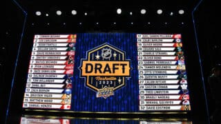 Jun 28, 2023; Nashville, Tennessee, USA; The draft board after round one of the 2023 NHL Draft at Bridgestone Arena. Mandatory Credit: Christopher Hanewinckel-USA TODAY Sports