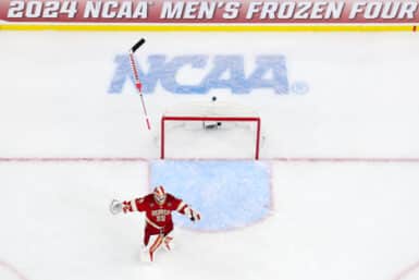 Apr 13, 2024; Saint Paul, Minnesota, USA; Denver Pioneers goaltender Matt Davis (35) celebrates his teams win against the Boston College Eagles after the championship game of the 2024 Frozen Four college ice hockey tournament at Xcel Energy Center. Mandatory Credit: Matt Krohn-USA TODAY Sports