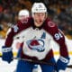 Apr 14, 2024; Las Vegas, Nevada, USA; Colorado Avalanche right wing Mikko Rantanen (96) talks to a team mate before a face off against the Vegas Golden Knights during the second period at T-Mobile Arena. Mandatory Credit: Stephen R. Sylvanie-USA TODAY Sports