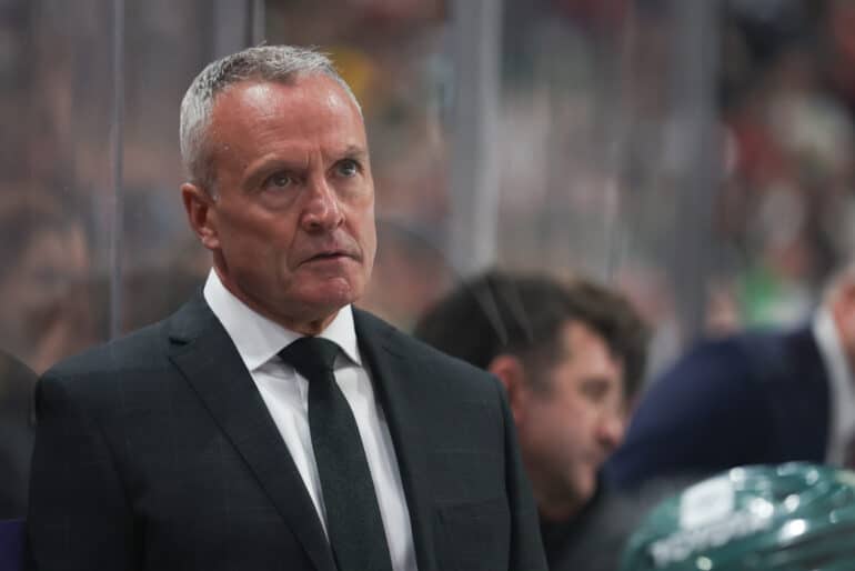 Apr 10, 2022; Saint Paul, Minnesota, USA; Minnesota Wild head coach Dean Evason looks on during the third period against the Los Angeles Kings at Xcel Energy Center. Mandatory Credit: Matt Krohn-USA TODAY Sports