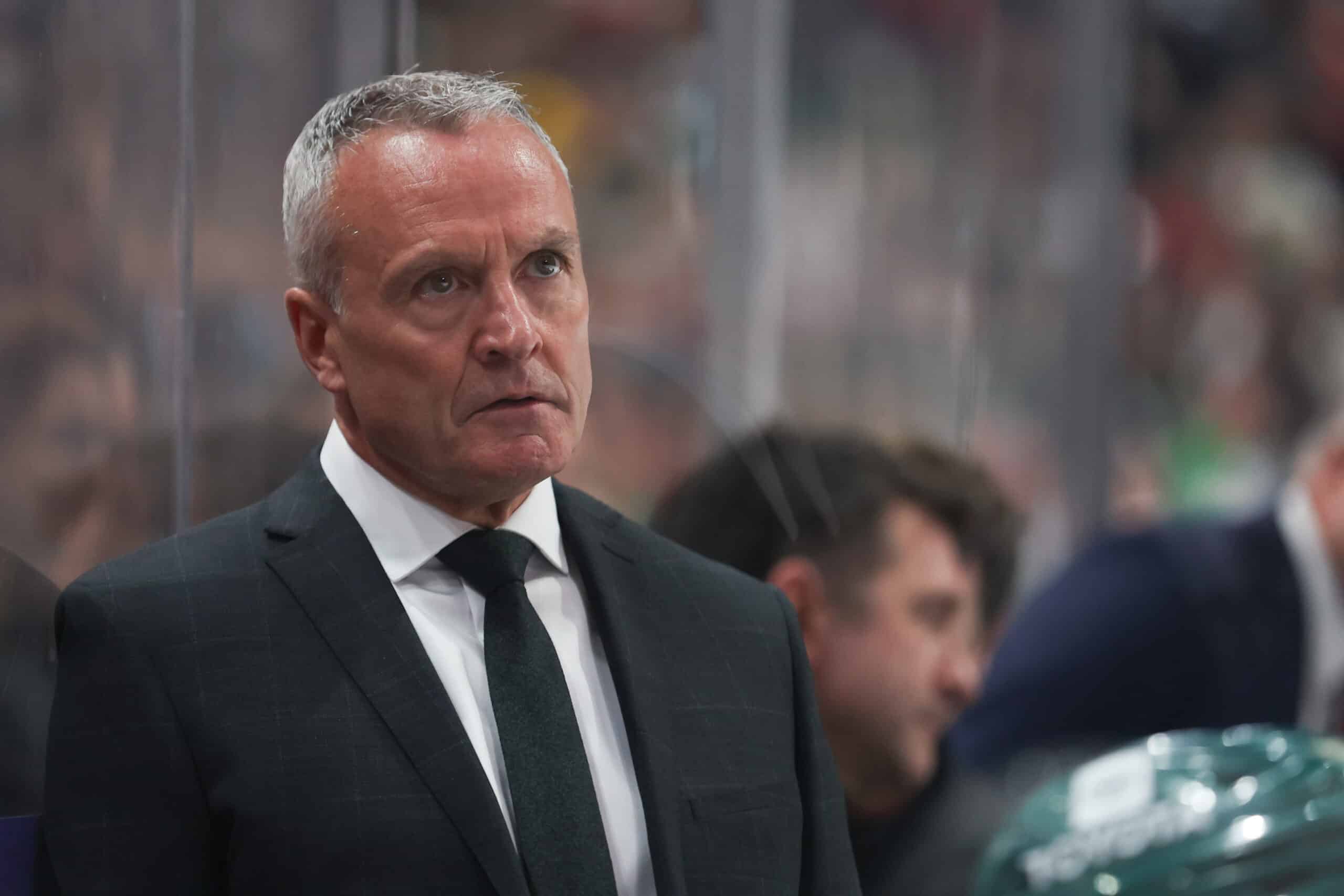 Apr 10, 2022; Saint Paul, Minnesota, USA; Minnesota Wild head coach Dean Evason looks on during the third period against the Los Angeles Kings at Xcel Energy Center. Mandatory Credit: Matt Krohn-USA TODAY Sports