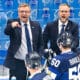 epa11364820 Head coach Jukka Jalonen of Finland (L) during the quater final match between Sweden and Finland at the IIHF Ice Hockey World Championship 2024 at Ostrava Arena, in Ostrava, Czech Republic, 23 May 2024.  EPA-EFE/LUKAS KABON