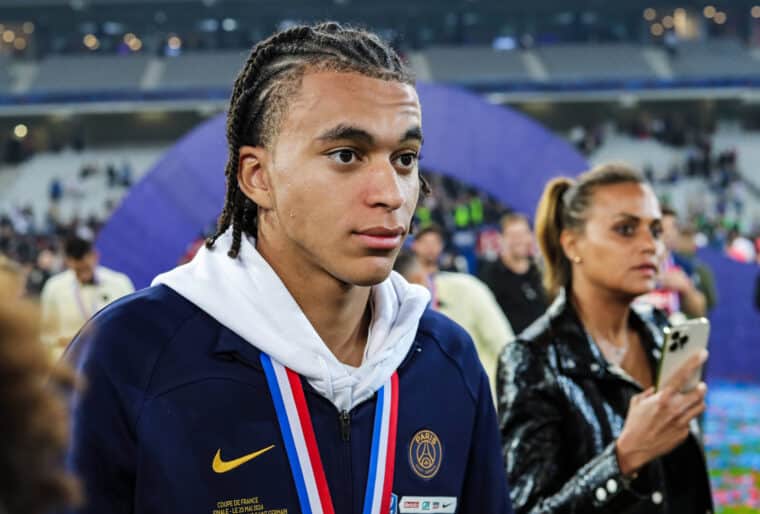 Ethan MBAPPE the brother of Kylian MBAPPE of PSG celebrates the French Cup trophy and victory following the French Cup Final between Olympique Lyonnais (OL, Lyon) and Paris Saint-Germain (PSG) at Stade Pierre Mauroy, Decathlon Arena on May 25, 2024 in Villeneuve d'Ascq near Lille, France. (Photo by Adil Benayache / Sipa Press)