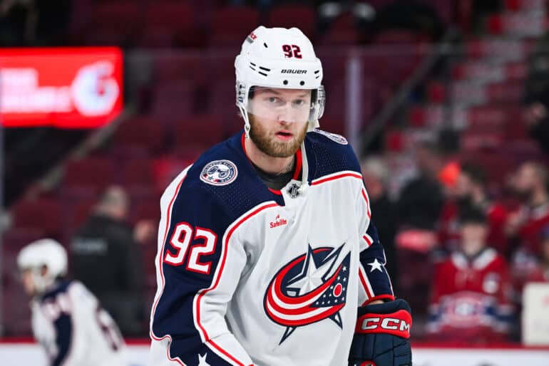 Mar 12, 2024; Montreal, Quebec, CAN; Columbus Blue Jackets left wing Alex Nylander (92) looks on during warm-up before the game against the Montreal Canadiens at Bell Centre. Mandatory Credit: David Kirouac-USA TODAY Sports