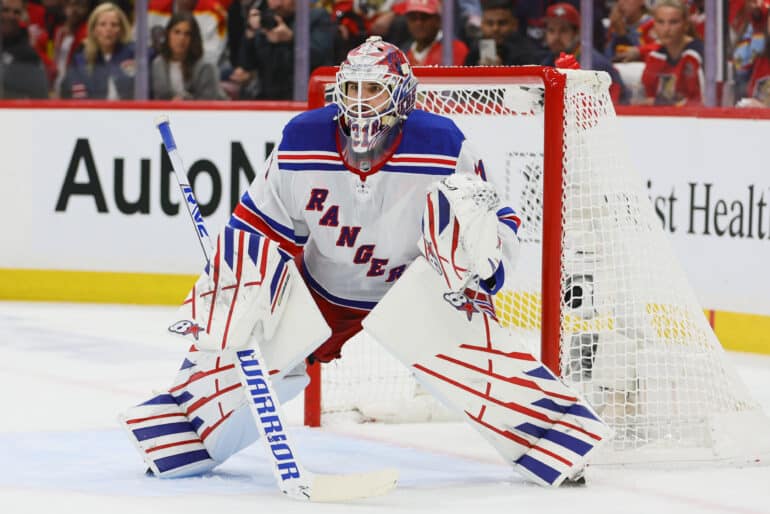 May 26, 2024; Sunrise, Florida, USA; New York Rangers goaltender Igor Shesterkin (31) tends the net against the Florida Panthers during the first period in game three of the Eastern Conference Final of the 2024 Stanley Cup Playoffs at Amerant Bank Arena. Mandatory Credit: Sam Navarro-USA TODAY Sports