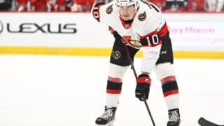 Feb 13, 2022; Washington, District of Columbia, USA; Ottawa Senators left wing Alex Formenton (10) on the ice against the Washington Capitals during the first period at Capital One Arena. Mandatory Credit: Brad Mills-USA TODAY Sports