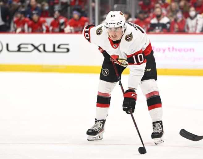 Feb 13, 2022; Washington, District of Columbia, USA; Ottawa Senators left wing Alex Formenton (10) on the ice against the Washington Capitals during the first period at Capital One Arena. Mandatory Credit: Brad Mills-USA TODAY Sports