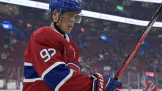 Sep 23, 2024; Montreal, Quebec, CAN; Montreal Canadiens forward Patrik Laine (92) warms up before a game against the Philadelphia Flyers at the Bell Centre. Mandatory Credit: Eric Bolte-Imagn Images