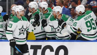 May 29, 2024; Edmonton, Alberta, CAN; The Dallas Stars celebrate a goal by defensemen Esa Lindell (23) during the first period against the Edmonton Oilers in game four of the Western Conference Final of the 2024 Stanley Cup Playoffs at Rogers Place. Mandatory Credit: Perry Nelson-USA TODAY Sports