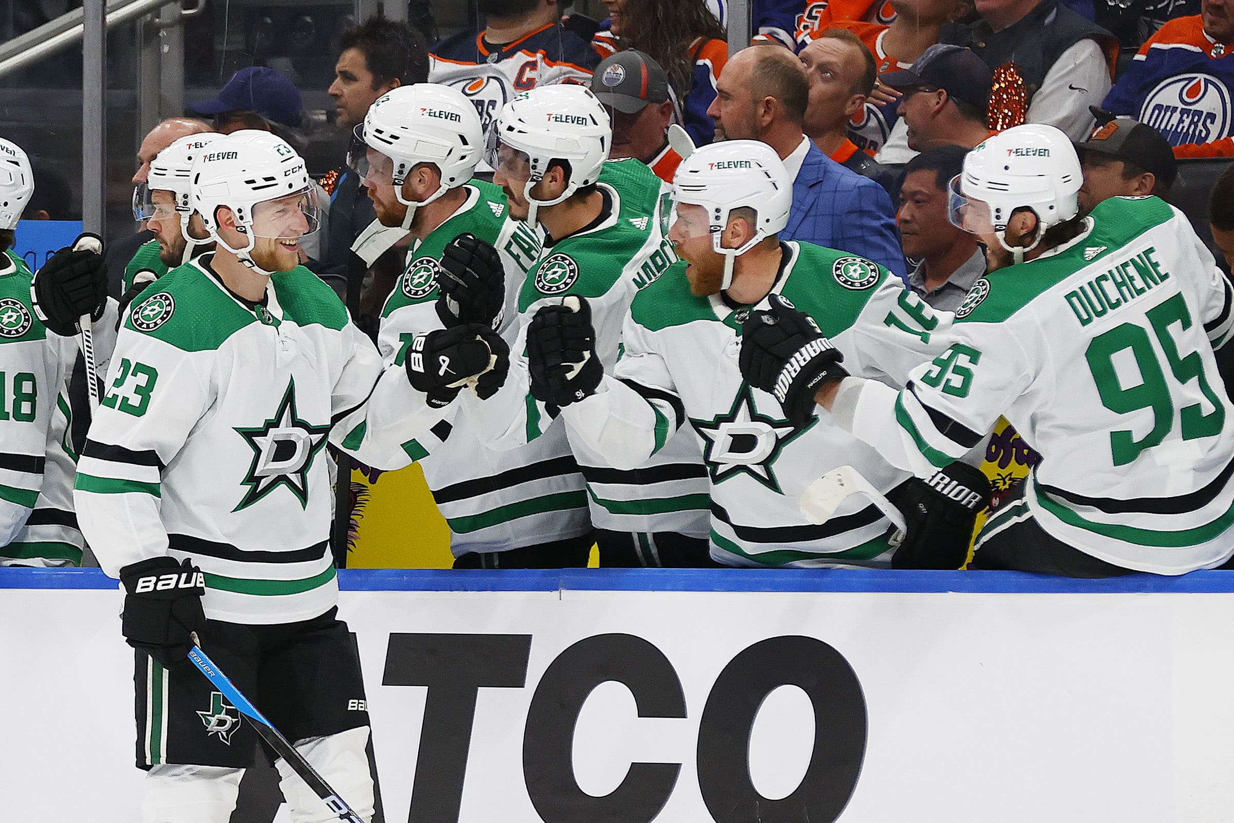 May 29, 2024; Edmonton, Alberta, CAN; The Dallas Stars celebrate a goal by defensemen Esa Lindell (23) during the first period against the Edmonton Oilers in game four of the Western Conference Final of the 2024 Stanley Cup Playoffs at Rogers Place. Mandatory Credit: Perry Nelson-USA TODAY Sports