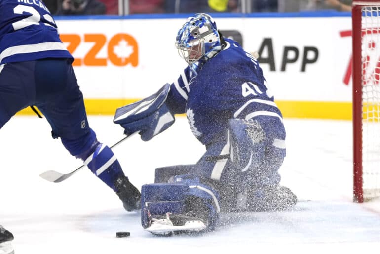 Oct 21, 2024; Toronto, Ontario, CAN; Toronto Maple Leafs goaltender Anthony Stolarz (41) makes a save against the Tampa Bay Lightning during the second period at Scotiabank Arena. Mandatory Credit: John E. Sokolowski-Imagn Images