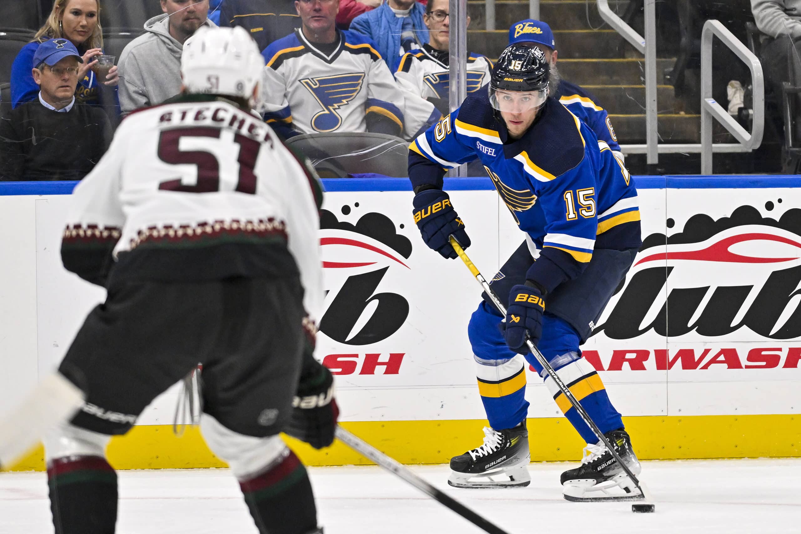 Nov 9, 2023; St. Louis, Missouri, USA;  St. Louis Blues left wing Jakub Vrana (15) controls the puck against the Arizona Coyotes during the second period at Enterprise Center. Mandatory Credit: Jeff Curry-USA TODAY Sports