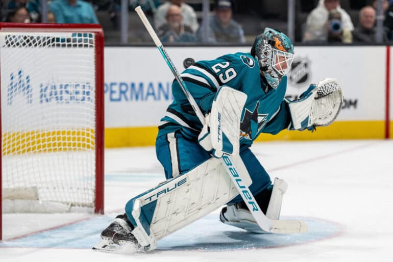 Nov 27, 2024; San Jose, California, USA; San Jose Sharks goaltender Mackenzie Blackwood (29) cannot stop the shot on goal by Ottawa Senators right wing Adam Gaudette (not pictured) during the third period at SAP Center at San Jose. Mandatory Credit: Neville E. Guard-Imagn Images