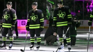 Feb 2, 2025; Dallas, Texas, USA; (from left) Dallas Stars right wing Evgenii Dadonov (63) and center Mikael Granlund (64) and defenseman Cody Ceci (44) are introduced before the game against the Columbus Blue Jackets at the American Airlines Center. Mandatory Credit: Jerome Miron-Imagn Images
