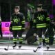 Feb 2, 2025; Dallas, Texas, USA; (from left) Dallas Stars right wing Evgenii Dadonov (63) and center Mikael Granlund (64) and defenseman Cody Ceci (44) are introduced before the game against the Columbus Blue Jackets at the American Airlines Center. Mandatory Credit: Jerome Miron-Imagn Images