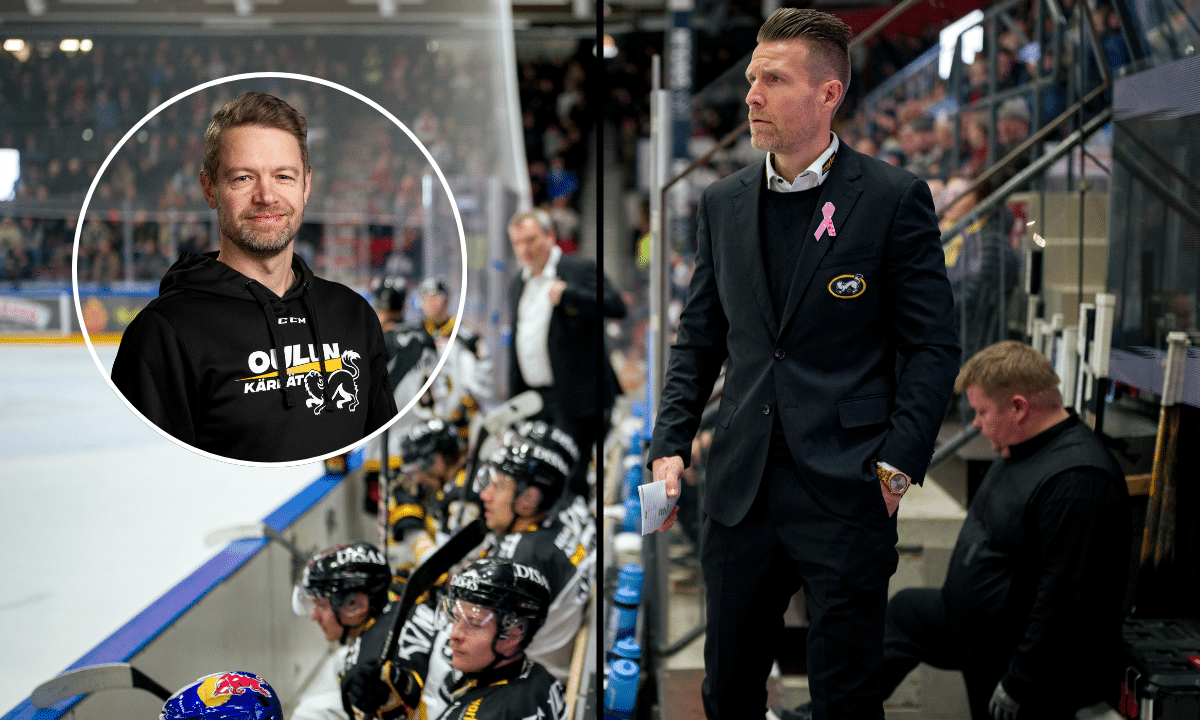 Mikko Myllykoski pikkukuvassa vasemalla. Isossa kuvassa Kärppien vaihtoaitio, jossa etualalla seisoo päävalmentaja Ville Mäntymaa kädet taskussa.