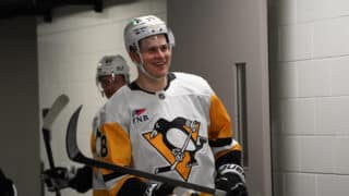 Jan 27, 2025; San Jose, California, USA;  Pittsburgh Penguins right winger Jesse Puljujarvi (18) walks out to the ice during pre-game warms up against the San Jose Sharks at SAP Center at San Jose. Mandatory Credit: David Gonzales-Imagn Images