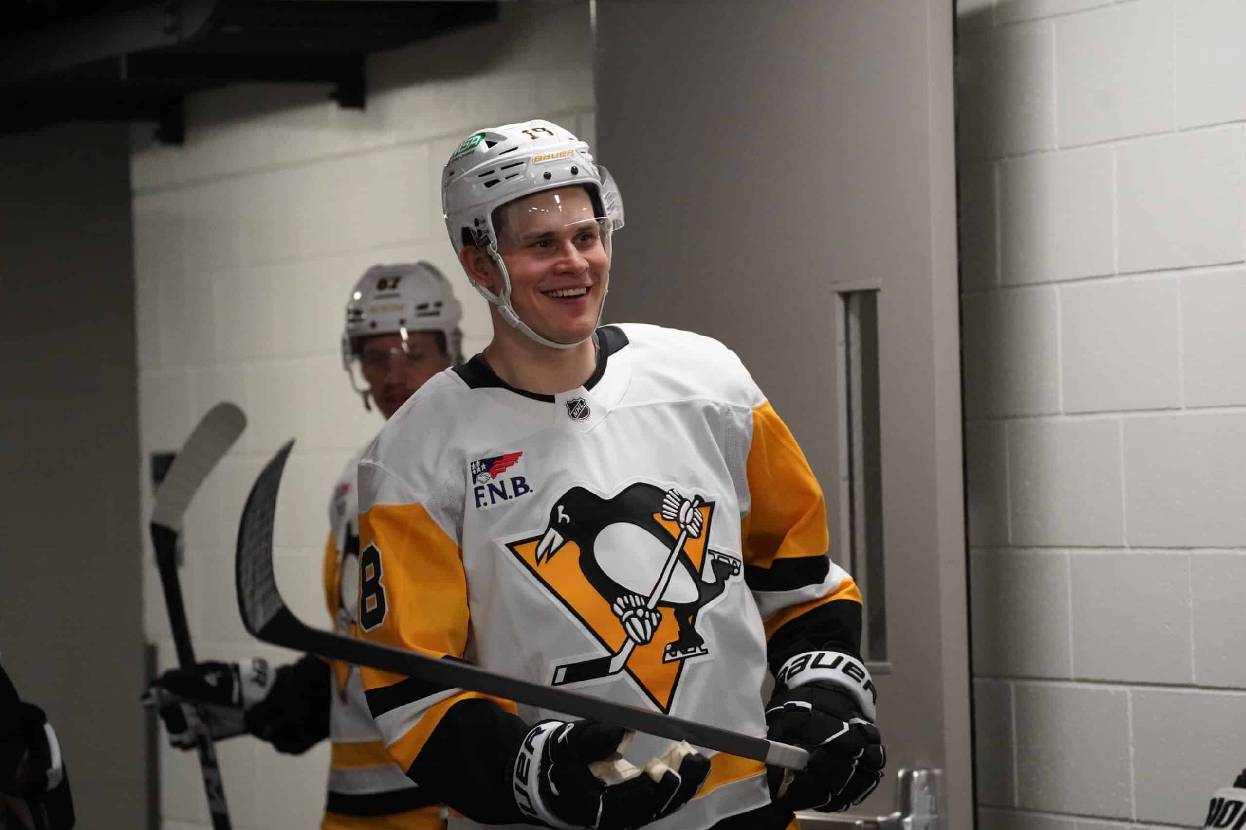 Jan 27, 2025; San Jose, California, USA;  Pittsburgh Penguins right winger Jesse Puljujarvi (18) walks out to the ice during pre-game warms up against the San Jose Sharks at SAP Center at San Jose. Mandatory Credit: David Gonzales-Imagn Images