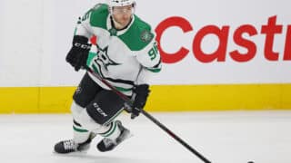Mikko Rantanen kuvattuna ensimmäisessä Dallas Stars -ottelussaan Edmontonissa maaliskuun 2024 alussa.