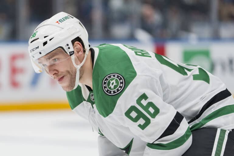 Mar 9, 2025; Vancouver, British Columbia, CAN; Dallas Stars forward Mikko Rantanen (96) during a stop in play against the Vancouver Canucks in the first period at Rogers Arena. Mandatory Credit: Bob Frid-Imagn Images