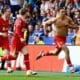 Trent Alexander-Arnold tuuletti villisti voittomaaliaan Leicesterin vieraana sunnuntaina. Kuva otettu 20. huhtikuuta 2025.