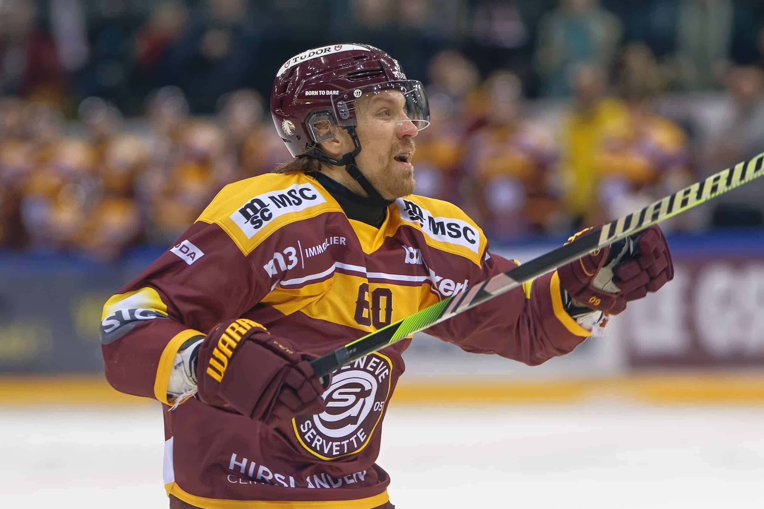 Geneva, Switzerland, February 27 2025 : Markus Granlund (60 Geneve Servette HC) celebrates after scoring his team's third goal during the National League game between Geneve Servette HC and HC Lugano at Les Vernets in Geneva, Switzerland (Giuseppe Velletri / SPP)