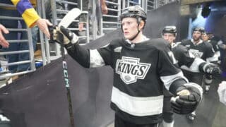 Jan 22, 2025; Los Angeles, California, USA; LA Kings center Samuel Helenius (79) enters the ice against the Florida Panthers at Crypto.com Arena. Mandatory Credit: Kirby Lee-Imagn Images