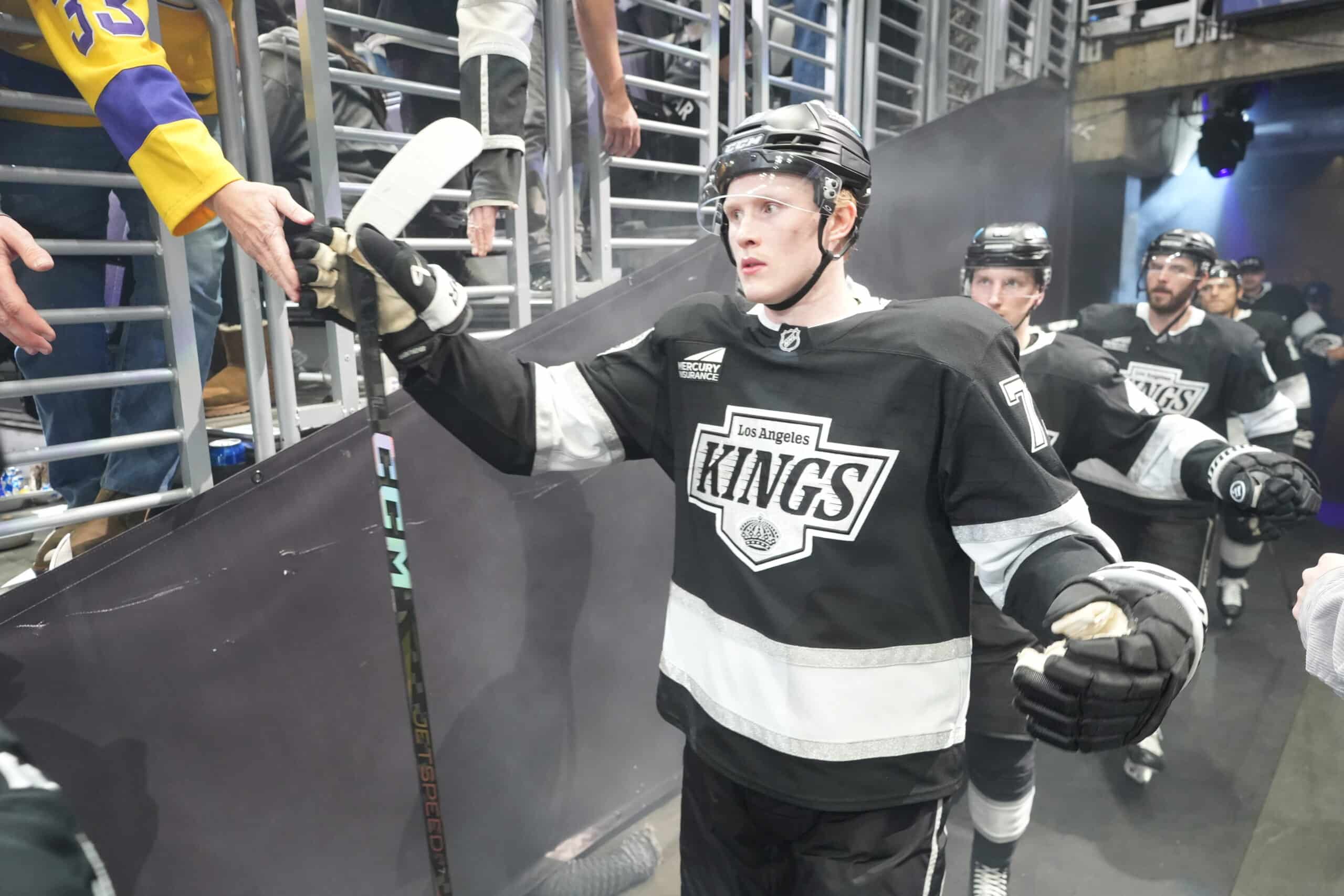 Jan 22, 2025; Los Angeles, California, USA; LA Kings center Samuel Helenius (79) enters the ice against the Florida Panthers at Crypto.com Arena. Mandatory Credit: Kirby Lee-Imagn Images