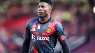 André Onana kuvattuna Manchester Unitedin alkulämmöillä huhtikuussa 2024.