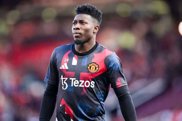 André Onana kuvattuna Manchester Unitedin alkulämmöillä huhtikuussa 2024.
