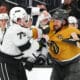 Mar 9, 2025; Las Vegas, Nevada, USA; Los Angeles Kings center Samuel Helenius (79) fights Vegas Golden Knights defenseman Nicolas Hague (14) during the second period at T-Mobile Arena. Mandatory Credit: Stephen R. Sylvanie-Imagn Images