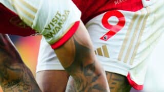 The Visit Rwanda sleeve patch on the shirt of Gabriel Jesus of Arsenal