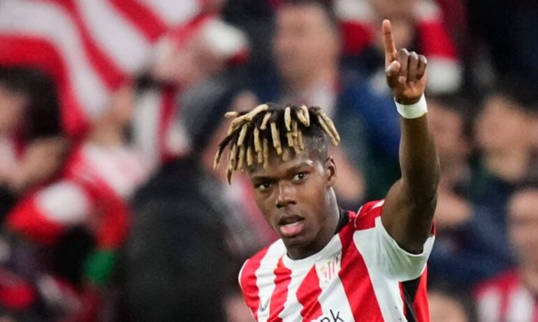 Nico Williams left winger of Athletic Club and Spain celebrates after scoring his sides first goal during the UEFA Europa League 2024/25 Round of 16 Second Leg match between Athletic Club and AS Roma at Estadio de San Mames on March 13, 2025 in Bilbao, Spain.