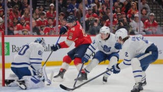 May 9, 2025; Sunrise, Florida, USA; Florida Panthers center Aleksander Barkov (16) shoots the puck against Toronto Maple Leafs goaltender Joseph Woll (60) during overtime in game three of the second round of the 2025 Stanley Cup Playoffs at Amerant Bank Arena. Mandatory Credit: Sam Navarro-Imagn Images