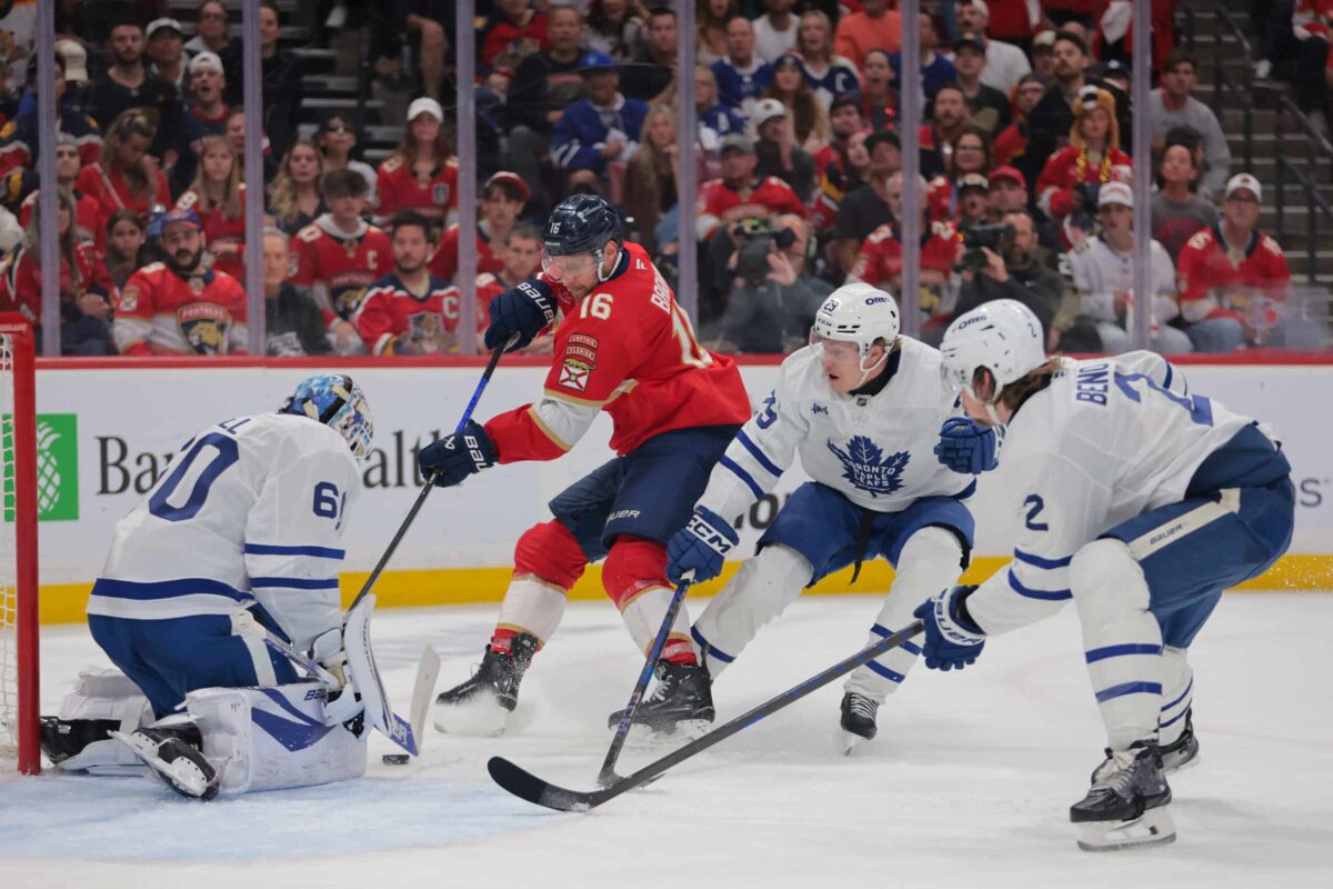 May 9, 2025; Sunrise, Florida, USA; Florida Panthers center Aleksander Barkov (16) shoots the puck against Toronto Maple Leafs goaltender Joseph Woll (60) during overtime in game three of the second round of the 2025 Stanley Cup Playoffs at Amerant Bank Arena. Mandatory Credit: Sam Navarro-Imagn Images