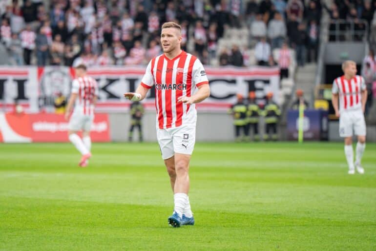 Benjamin Kallman plays during the game between KS Cracovia and Lechia Gdansk in Krakow, Poland, on May 4, 2025, in a PKO BP Ekstraklasa, Polish football league match at Cracovia Stadium.