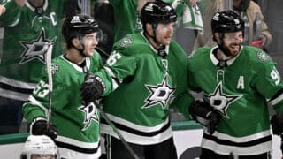 May 3, 2025; Dallas, Texas, USA; Dallas Stars right wing Mikko Rantanen (96) and center Tyler Seguin (91) and center Wyatt Johnston (53) celebrates the game tying goal goal scored by Rantanen against the Colorado Avalanche during the third period in game seven of the first round of the 2025 Stanley Cup Playoffs at American Airlines Center. Mandatory Credit: Jerome Miron-Imagn Images