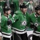 May 3, 2025; Dallas, Texas, USA; Dallas Stars right wing Mikko Rantanen (96) and center Tyler Seguin (91) and center Wyatt Johnston (53) celebrates the game tying goal goal scored by Rantanen against the Colorado Avalanche during the third period in game seven of the first round of the 2025 Stanley Cup Playoffs at American Airlines Center. Mandatory Credit: Jerome Miron-Imagn Images