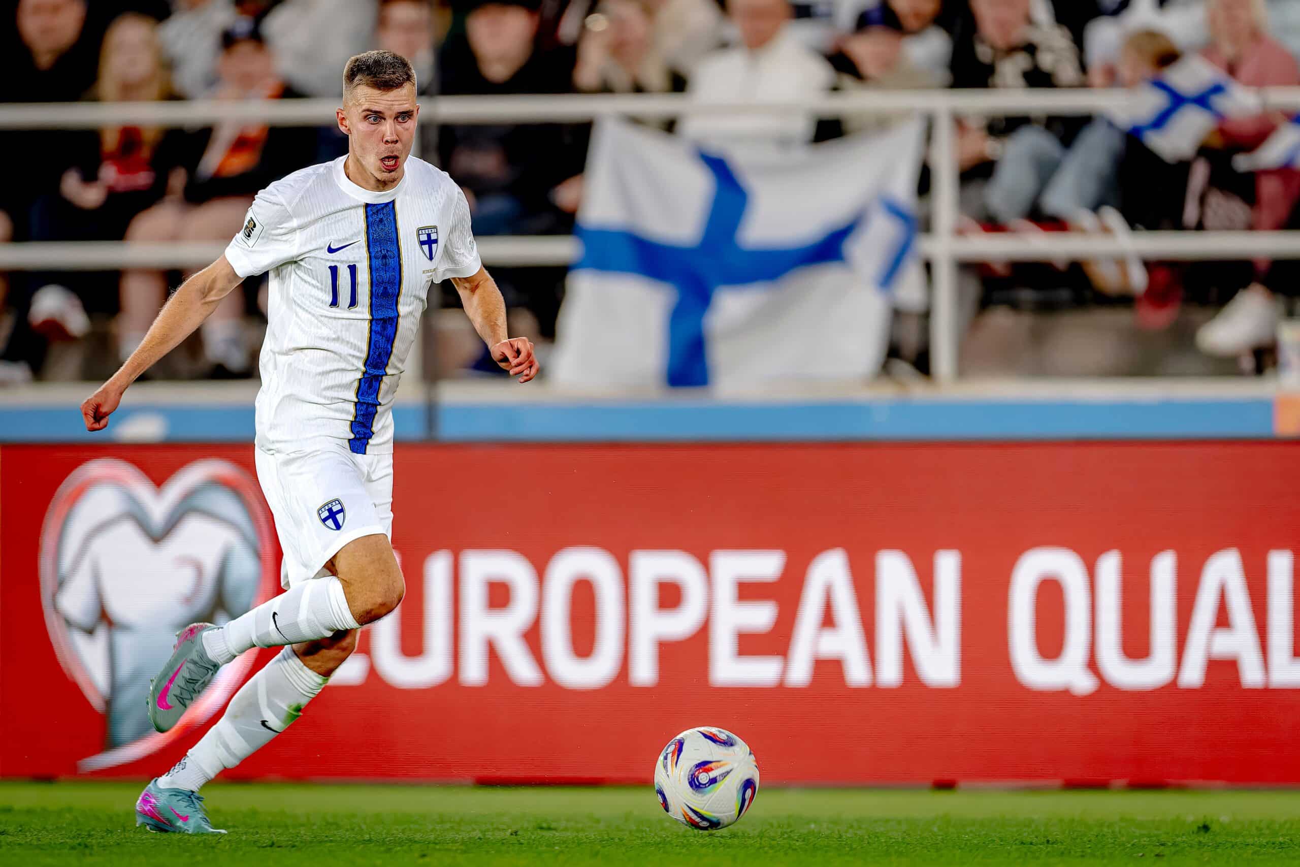 Finland forward Oliver Antman plays during the match between Finland and the Netherlands at the Helsinki Olympic Stadium for the European Qualification Group G season 2025-2026 in Helsinki, Finland, on June 7, 2025.