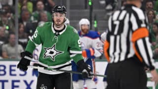 May 23, 2025; Dallas, Texas, USA; Dallas Stars center Matt Duchene (95) skates off the ice after the Edmonton Oilers score during the second period in game two of the Western Conference Final of the 2025 Stanley Cup Playoffs at American Airlines Center. Mandatory Credit: Jerome Miron-Imagn Images