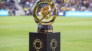 epa12148682 The FIFA Club World Cup trophy is on display before the start of the FIFA Club World Cup Play-In soccer match between Los Angeles FC and Club America at BMO Stadium in Los Angeles, California, USA, 31 May 2025.  EPA-EFE/ALLISON DINNER