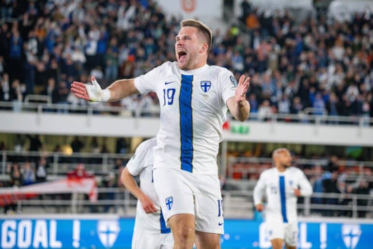 epa12168928 Benjamin Kaellman of Finland celebrates after socring the 2-0 goal during the FIFA World Cup 2026 qualifier between Finland and Poland in Helsinki, Finland, 10 June 2025.  EPA-EFE/Kimmo Brandt