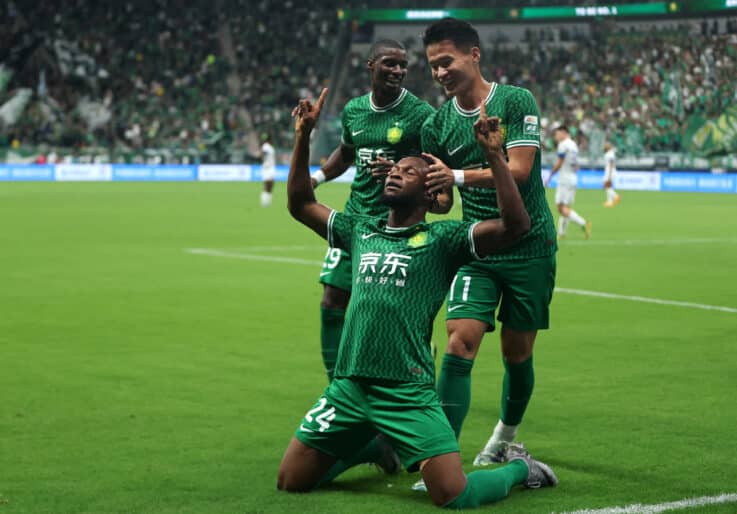 (240626) -- BEIJING, June 26, 2024 Photo by Xinhua/ABACAPRESS/ddp images) -- Samuel Adegbenro (C) of Beijing Guoan celebrates after scoring during the 16th round match between Beijing Guoan and Cangzhou Mighty Lions at the 2024 Chinese Super League (CSL) in Beijing, capital of China, June 26, 2024. Photo by Xinhua/ABACAPRESS/ddp images/Jia Haocheng)