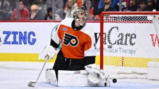 Jan 20, 2024; Philadelphia, Pennsylvania, USA; Philadelphia Flyers goalie Carter Hart (79) reacts after allowing a goal against the Colorado Avalanche in the first period at Wells Fargo Center. Mandatory Credit: Kyle Ross-USA TODAY Sports
