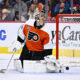 Jan 20, 2024; Philadelphia, Pennsylvania, USA; Philadelphia Flyers goalie Carter Hart (79) reacts after allowing a goal against the Colorado Avalanche in the first period at Wells Fargo Center. Mandatory Credit: Kyle Ross-USA TODAY Sports