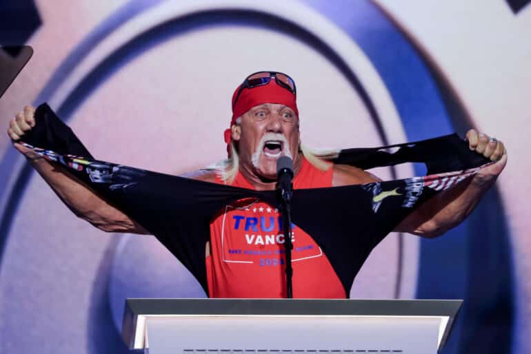 epa11486544 Professional wrestler Hulk Hogan speaks on the fourth day of the Republican National Convention (RNC) at Fiserv Forum in Milwaukee, Wisconsin, USA, 18 July 2024. The convention comes days after a 20-year-old Pennsylvania man attempted to assassinate former president and current Republican presidential nominee Donald Trump. The 2024 Republican National Convention is being held 15 to 18 July 2024 in which delegates of the United States' Republican Party select the party's nominees for president and vice president in the 2024 United States presidential election.  EPA-EFE/JUSTIN LANE