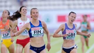 3BN4R4D Ilona Mononen of Finland 1st place, Sarah Tait of Great Britain 2nd place, Womena??s 3000m Steeplechase Final during the European Athletics Team Championships 2025, Division 1, on 29 June 2025 at the Vallehermoso stadium in Madrid, Spain Credit: Independent Photo Agency/Alamy Live News