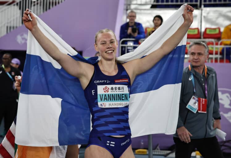 epa11978770 Winner Saga Vanninen of Finland poses after the Women's Pentathlon at the World Athletics Indoor Championships in Nanjing, China, 21 March 2025.  EPA-EFE/ANDRES MARTINEZ CASARES