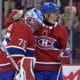 Sep 23, 2024; Montreal, Quebec, CAN; Montreal Canadiens goalie Jakub Dobes (75) and forward Patrik Laine (92) celebrate the win against the Philadelphia Flyers at the Bell Centre. Mandatory Credit: Eric Bolte-Imagn Images